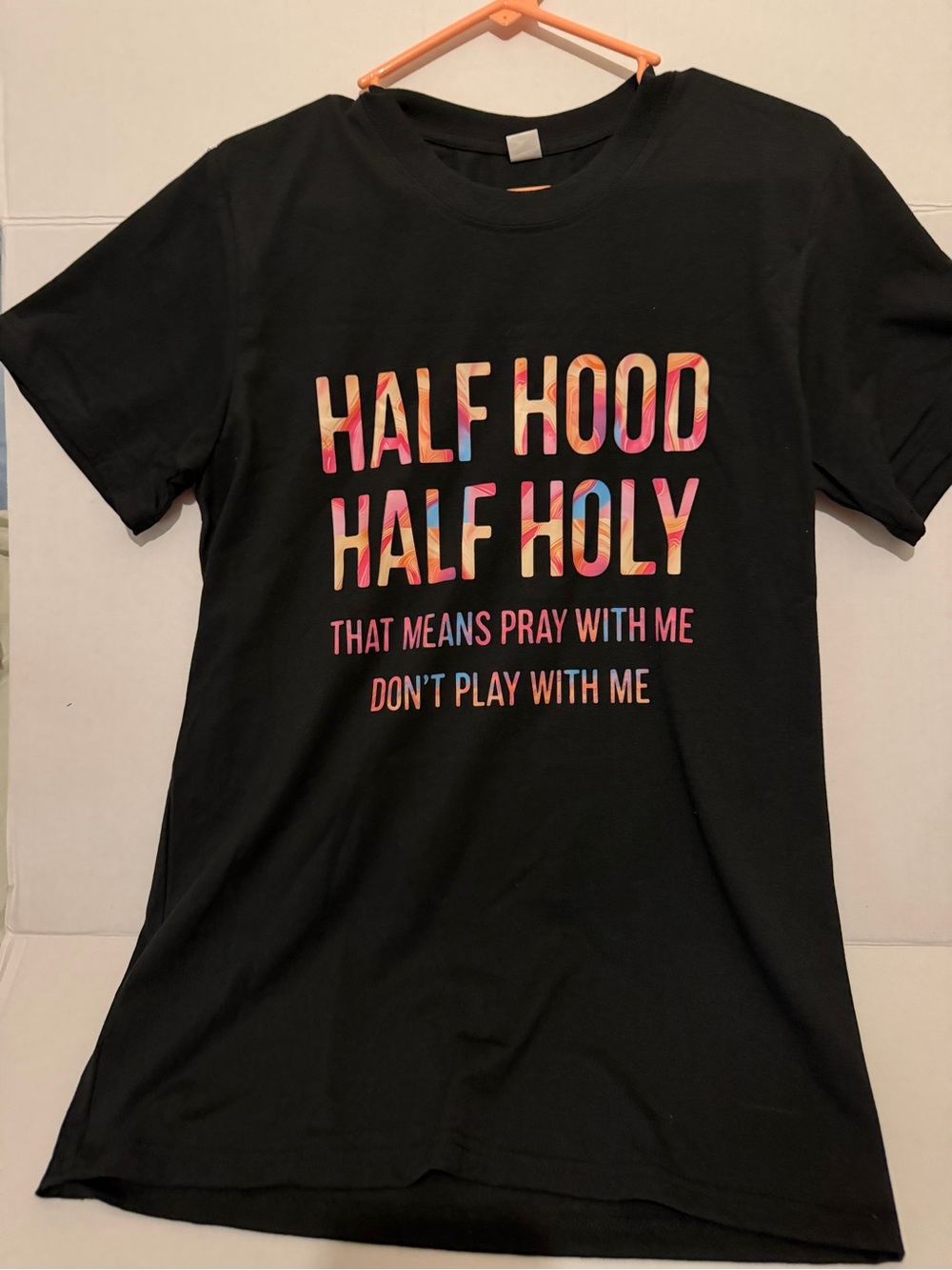 Women’s Black Graphic Tee - "Half Hood Half Holy"